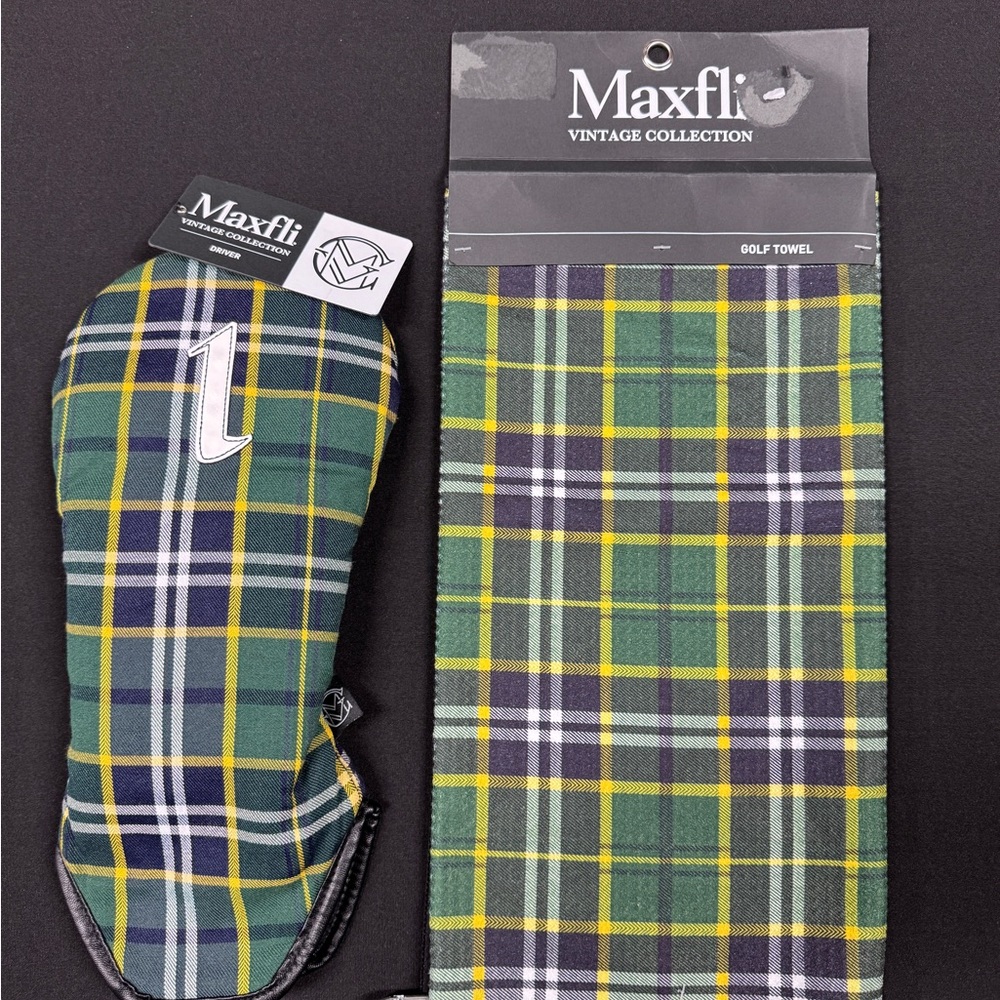 Maxfli Vintage Collection Green Plaid Golf Towel and Headcover Set